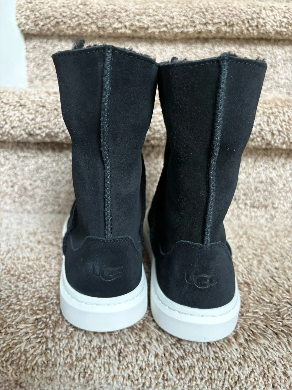 UGG Alameda Women’s Mid-Calf Black Suede Shearling Trim Boots.
